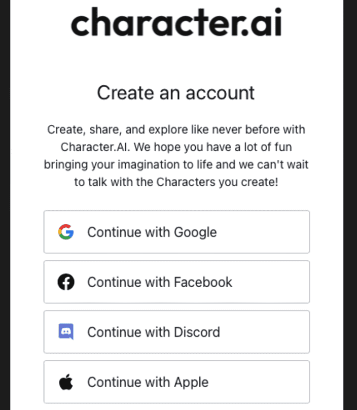 character.aiのアカウント作成画面