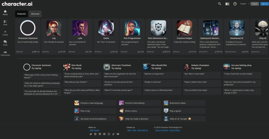 character.aiのトップページ