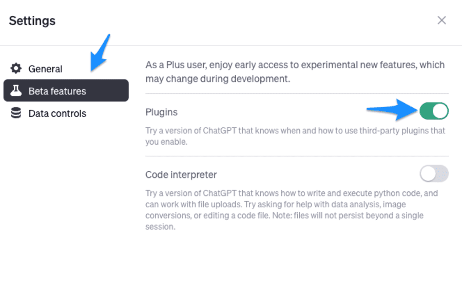 ChatGPT設定ページの「Settings & Beta」をクリック