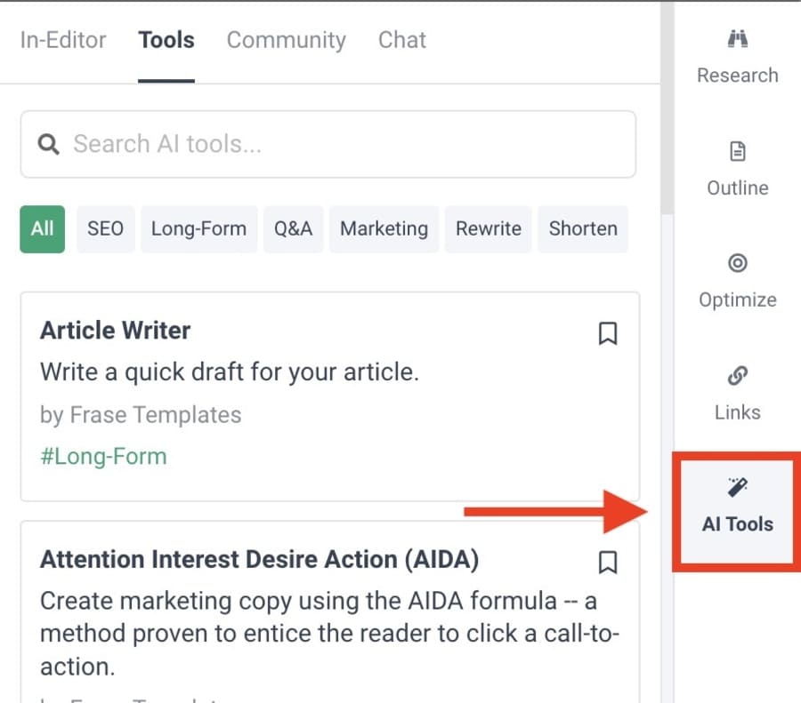 FraseはAIテンプレートは、記事編集の右側にある「AI Tools」を選択すれば利用可能