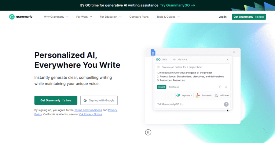 Grammarly公式ページの「Get Grammarly It’s fee」をクリック