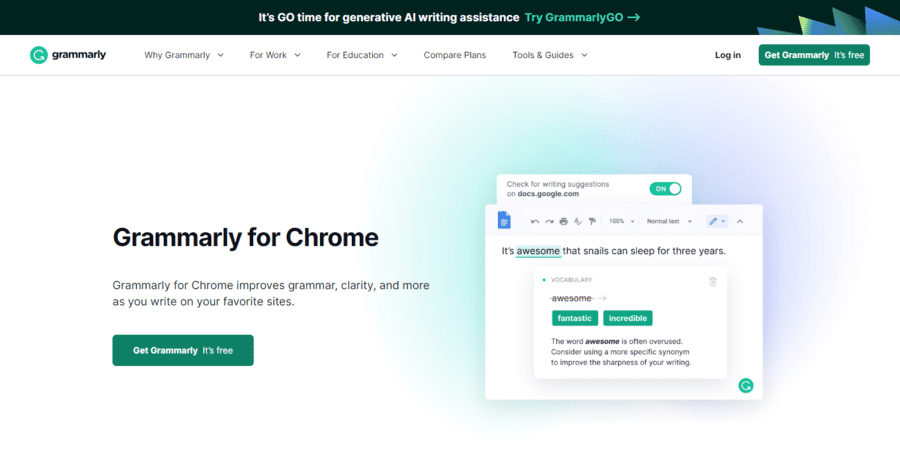 Grammarly公式ページの「Get Grammarly It’s free」をクリック