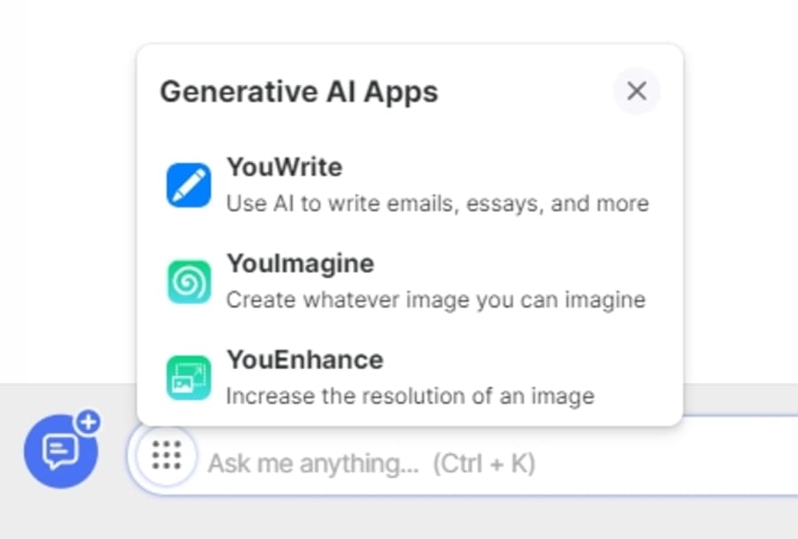 YouChatの入力欄の左端にある点々部分を押すと、AI生成ツールを選択できる