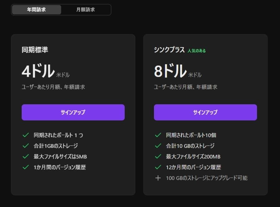 Obsidian Syncのプラン表