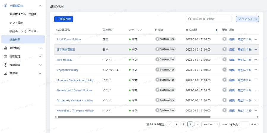 Lark勤怠管理の法定休日設定画面
