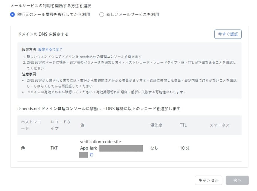 LarkメールのDNS設定画面