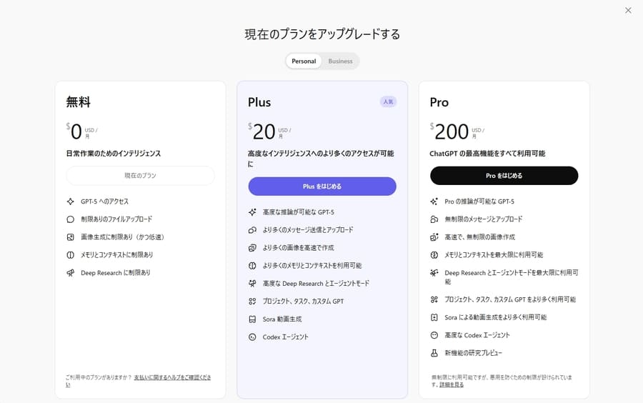 ChatGPTの料金プラン画面