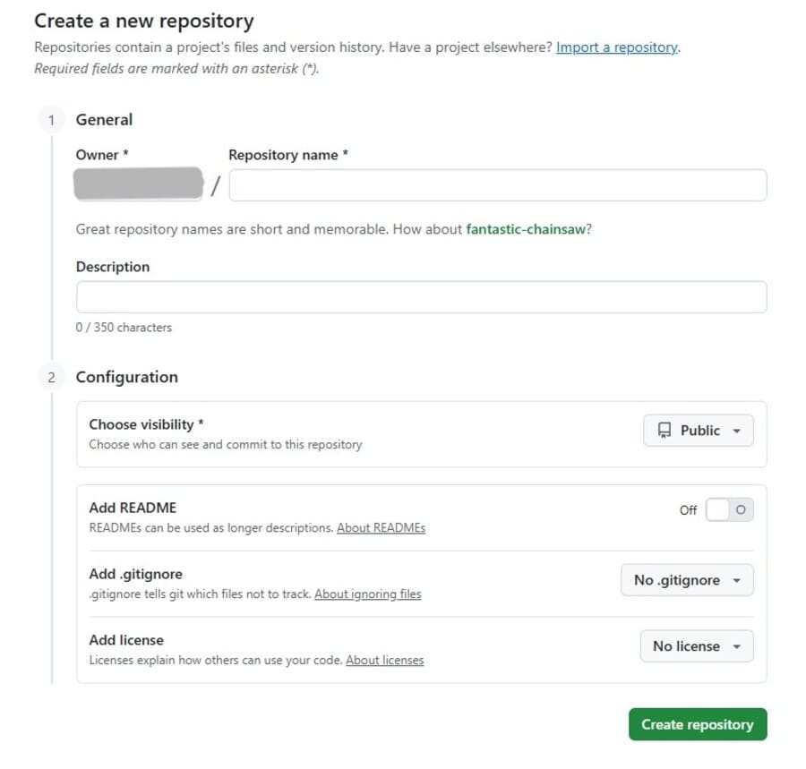 GitHubリポジトリ作成画面