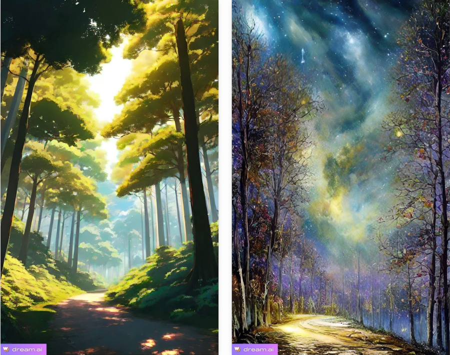 dream by WOMOBで生成された森林（左）と星空（右）のイラスト