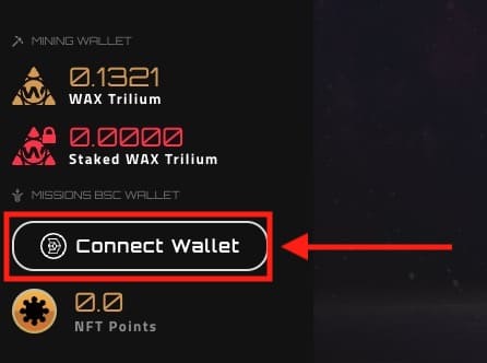 Alien WorldsメニューのMINING WALLETの項目から「Connect Wallet」をクリック
