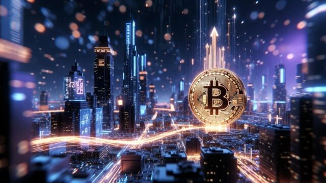 夜景の近未来都市を背景に、大きなビットコインのコインが中央に浮かび、光のラインが街全体を走るように描かれた、Bitcoin Hyperの成長や資金流入を象徴するビジュアル。