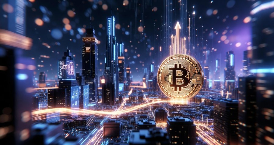 夜景の近未来都市を背景に、大きなビットコインのコインが中央に浮かび、光のラインが街全体を走るように描かれた、Bitcoin Hyperの成長や資金流入を象徴するビジュアル。