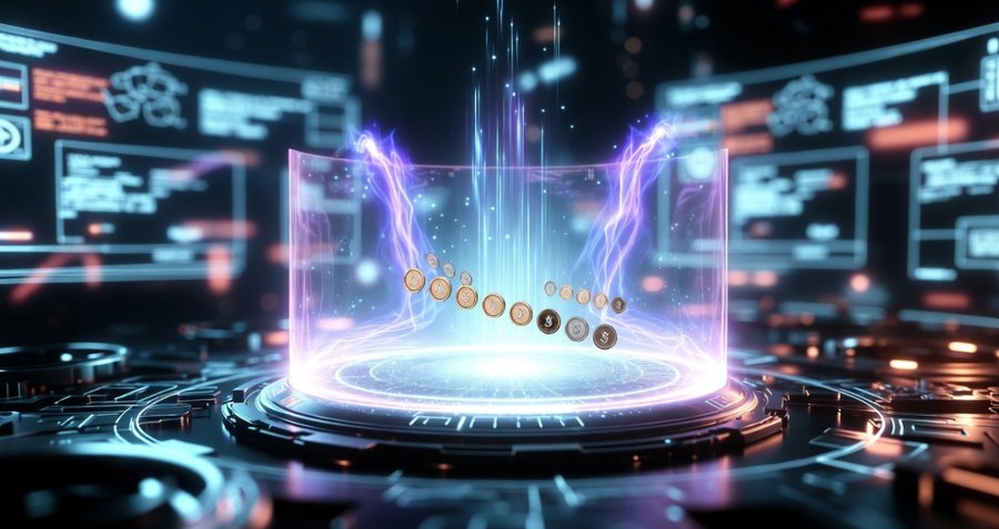 円形のホログラム台の上に複数の暗号資産コインが並び、紫色のエネルギー光が立ち上がる未来的な演出で、プレセールの盛り上がりや注目度を表現したイラスト。