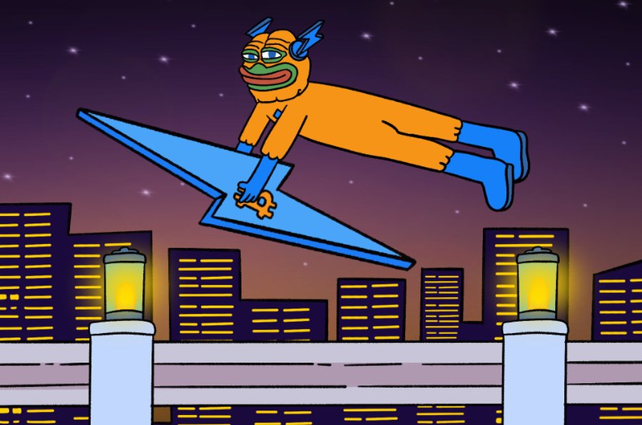ネオン都市の夜景を背景に、青いサーフボードのような板に乗って飛ぶPepe風キャラクターが描かれた、ミームコインの勢いや市場の盛り上がりを表現するカートゥーンイラスト。