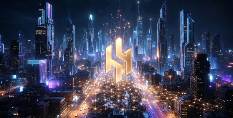 近未来の高層都市の中心に金色のHYPERロゴが光り、街全体に光のラインが広がる様子で、$HYPERの成長や投資資金の集中を象徴するイメージビジュアル。