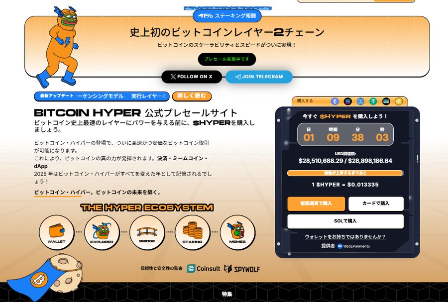 Bitcoin Hyperのプレセール終了間近を告知する公式スクリーンショットで、カウントダウン表示の購入パネル、参加ボタン、エコシステム図などがまとめて配置されたデザイン。