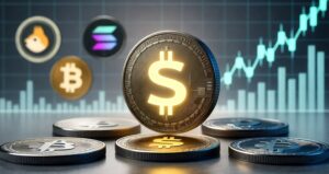 ビットコイン、イーサリアム、ソラナ、ドル記号の仮想通貨コインがテーブルの上に並ぶCGイメージ。暗号資産市場の成長と多様化を象徴している。