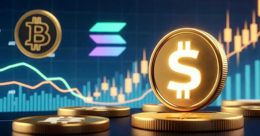 金色のドル記号コインを中心に、ビットコインやソラナなどの仮想通貨コインが並ぶCGイメージ。仮想通貨市場の上昇と新しい投資機会を象徴している。