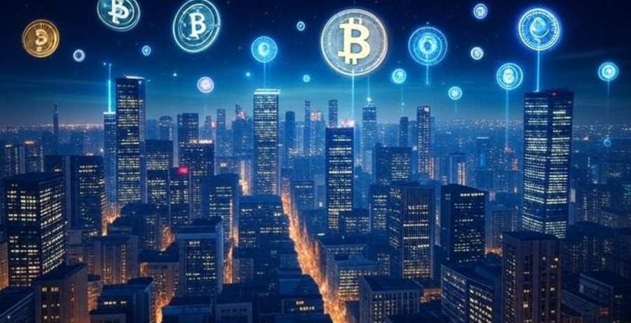 同じく都市の夜景を背景に、円形に並んだ仮想通貨のアイコンが光を放ち、空に浮かんでいる。アルトコインシーズンの市場動向をイメージ化したビジュアル。