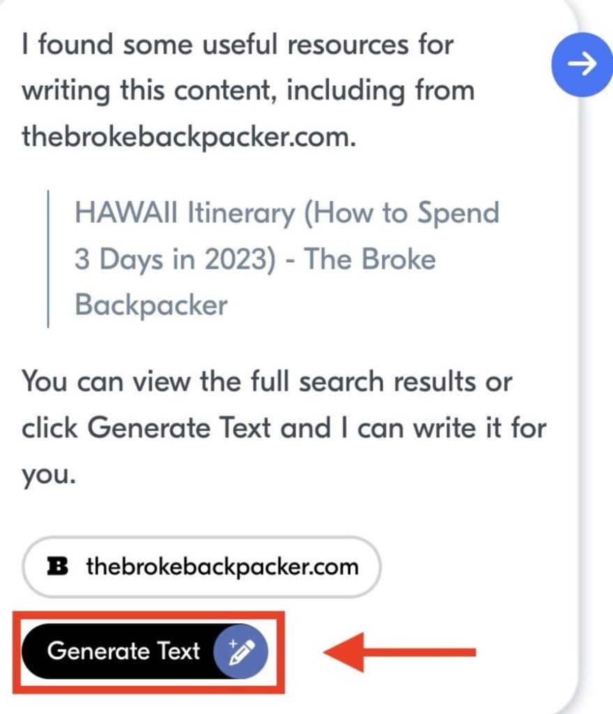 「Create」または「Write」と入力すると表示される「Generate Text」ボタン