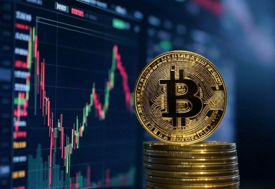 ビットコインの金貨と積み重ねられたコイン、背景に価格チャートが表示された暗号資産市場のイメージ