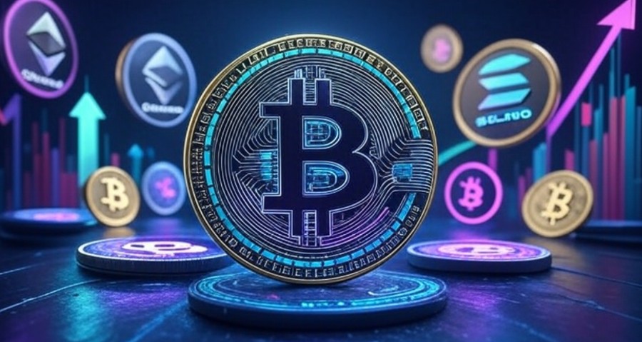 中央に大型のビットコインロゴが浮かび、周囲にイーサリアムやソラナなどの仮想通貨シンボルが散りばめられた近未来的な仮想通貨市場のイメージ。アルトコインの台頭を象徴する構図。