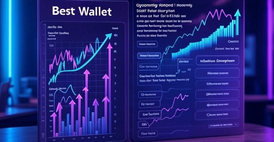 Best Walletアプリの画面イメージ。左には仮想通貨チャートと取引グラフ、右には$BESTトークン関連の特典やステーキング、報酬機能などが英語で表示されており、成長性と投資メリットを視覚的に強調した未来的デザイン。