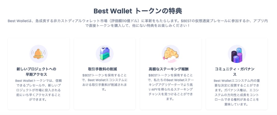 Best Walletのトークン特典を紹介する図解。新トークンの早期アクセス、取引手数料の割引、報酬型ステーキング機能、コミュニティ参加特典など、$BESTトークン保有によるメリットが4つのアイコン付きでわかりやすく並べられている。