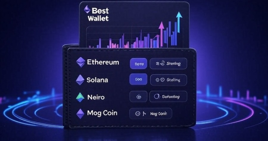 Best Walletアプリのインターフェースを模したデジタル画面に、EthereumやSolana、Neiro、Mog Coinなど複数の仮想通貨とステーキング・スワップなどの機能が表示された近未来的な仮想通貨ウォレットのイメージ。