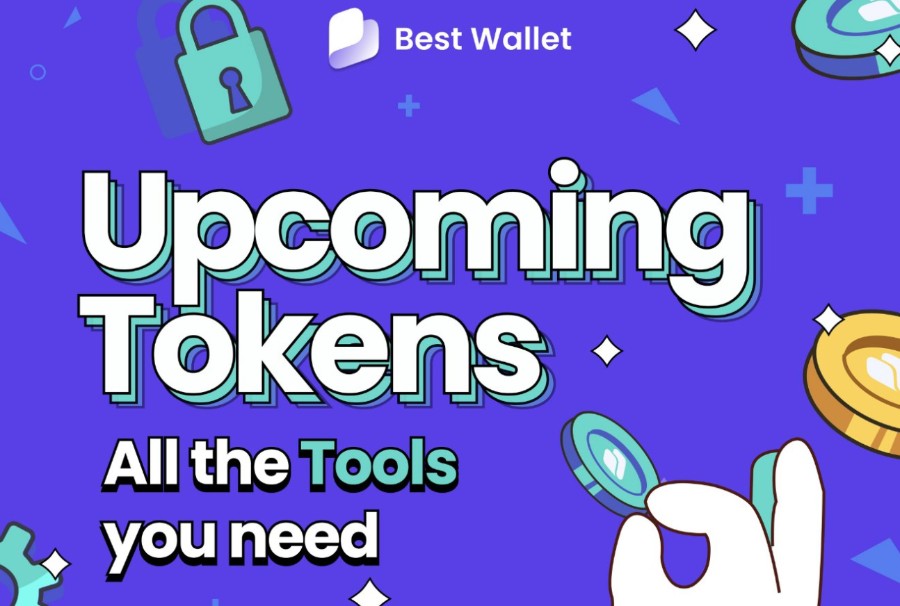 Best Walletによる「Upcoming Tokens」紹介機能のプロモーション画像。トークンやツールのイラスト、そして「All the Tools you need」のキャッチコピーが記載されたカラフルな背景