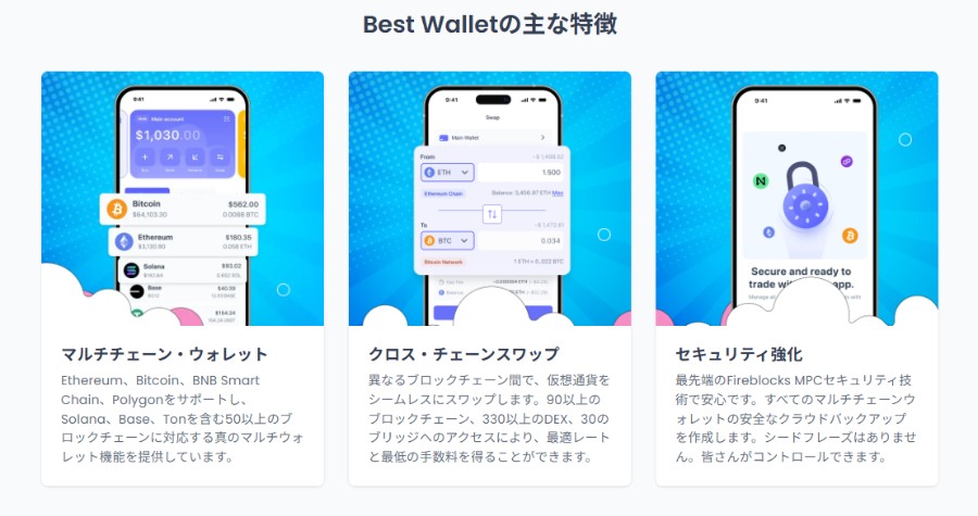 Best Walletの主な特徴を紹介する3つのカードが並んだ画像