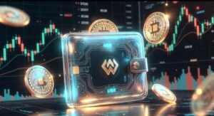 金属製のデジタルウォレットが光を放ちながら中央に浮かび、背景にはビットコインやイーサリアムなどの暗号資産コインと上昇チャートが描かれた、$BESTトークンの上場期待を表現する未来的なビジュアル。