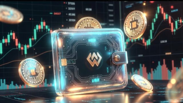 金属製のデジタルウォレットが光を放ちながら中央に浮かび、背景にはビットコインやイーサリアムなどの暗号資産コインと上昇チャートが描かれた、$BESTトークンの上場期待を表現する未来的なビジュアル。