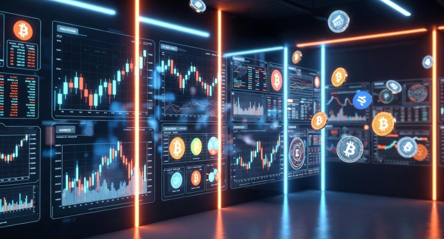 複数の大型ディスプレイに仮想通貨チャートやコインのデータが映し出され、暗い取引ルーム風の空間で先行取引やマーケット分析の雰囲気を表現したイラスト。