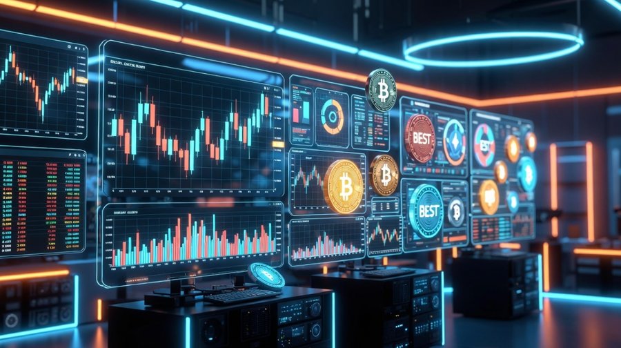 取引所のようなデジタル空間に複数のディスプレイが並び、仮想通貨チャートやビットコイン・イーサリアムなどのシンボルが浮かぶシーンで、KuCoin上場に向けた$BESTトークンの取引熱を表現した未来的なビジュアル。