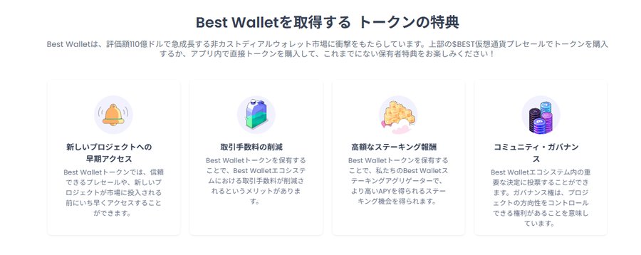 Best Walletの特徴を説明する公式デザインの図で、新しいウォレットシステム、報酬型のステーキング構造、コミュニティ特典などがアイコン付きで紹介されている。