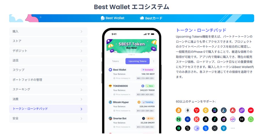 Best Walletのエコシステムを紹介する公式図で、スマートフォン画面に「Upcoming Tokens」機能が表示され、左側にはウォレット機能一覧が並ぶ。新しいトークンを先行取得できる仕組みを説明するデザイン。