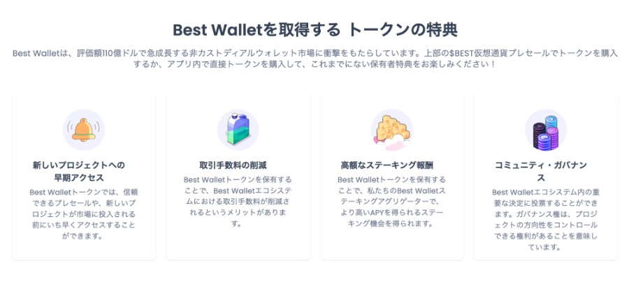 Best Walletトークン保有者の特典を説明するセクション。新プロジェクトへの早期アクセス、取引手数料の削減、高額なステーキング報酬、コミュニティ・ガバナンスの4つのメリットを図解で紹介