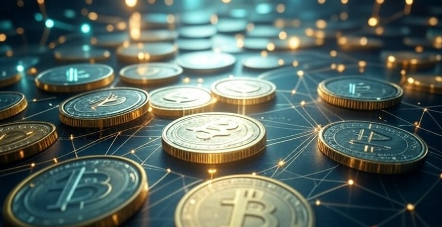 複数の金色の仮想通貨コインがテーブル状の面に整然と並び、背景には暗めの色調でネットワークをイメージさせる光のラインが広がっている