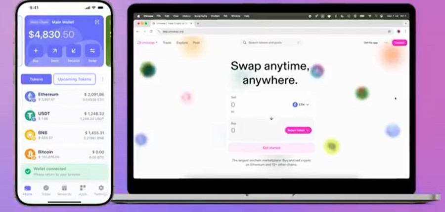 ノートパソコンの画面にBest WalletのWebインターフェースが映し出され、その左側にはBest Walletアプリが起動したスマートフォン画面が並んでいる