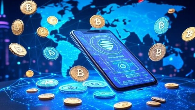 スマートフォンの画面にデジタルウォレットアプリが表示され、周囲にビットコインやイーサリアムなどの仮想通貨コインが浮かぶ未来的なイメージ。Best Walletの安全性と資金調達の規模を象徴している。