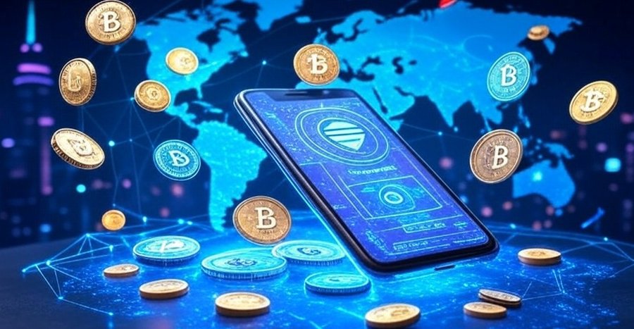 スマートフォンの画面にデジタルウォレットアプリが表示され、周囲にビットコインやイーサリアムなどの仮想通貨コインが浮かぶ未来的なイメージ。Best Walletの安全性と資金調達の規模を象徴している。