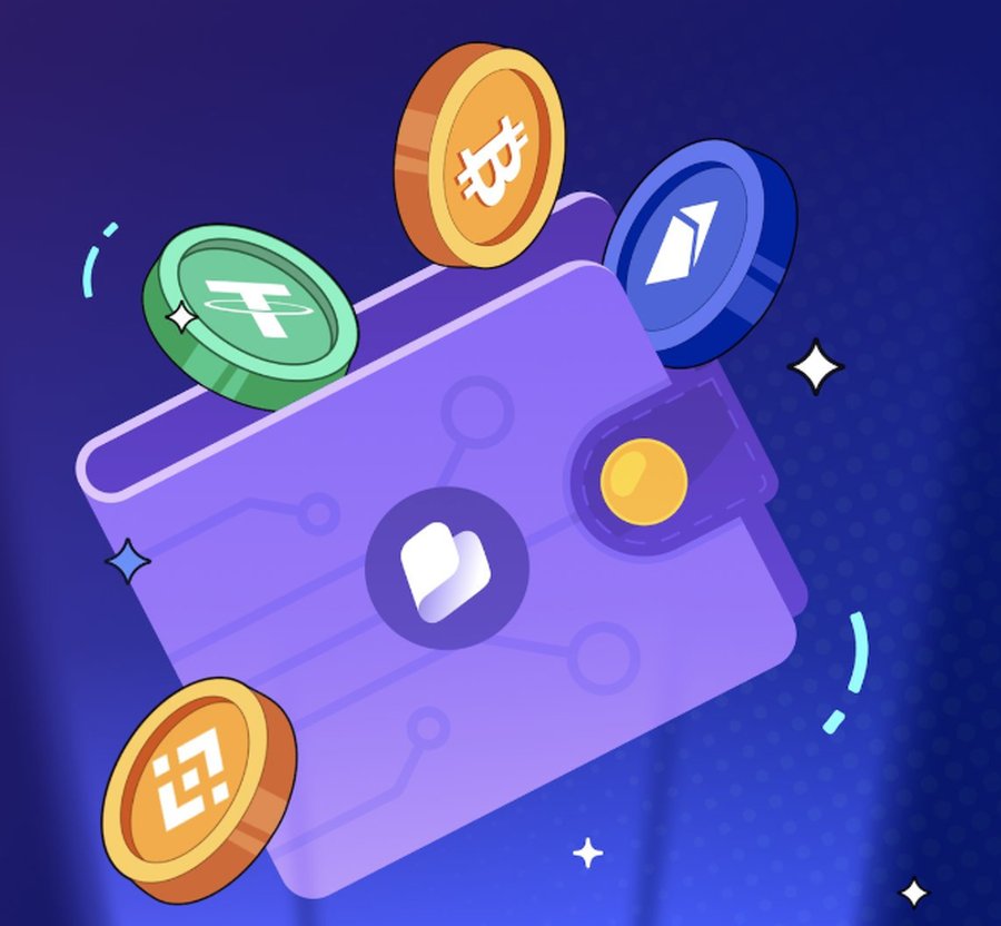 紫のデジタルウォレットから複数の仮想通貨コインが飛び出している3Dイラスト。安全な保管と交換機能を象徴しており、Best Walletのセキュリティとユーザー規模を表現している。