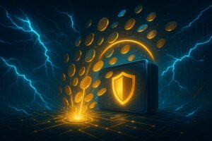稲妻が走る夜空の下、金色のコインが盾のアイコン付きデジタルウォレットに吸い込まれていくビジュアル。サイバーセキュリティと暗号資産保護を象徴している。
