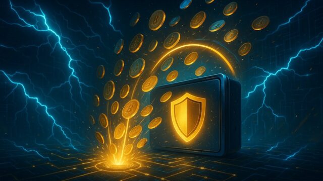 稲妻が走る夜空の下、金色のコインが盾のアイコン付きデジタルウォレットに吸い込まれていくビジュアル。サイバーセキュリティと暗号資産保護を象徴している。