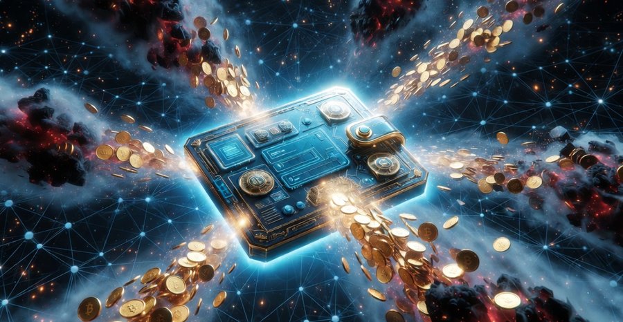 仮想通貨チップを中心に電流のようなエネルギーが広がるデジタルアート。ブロックチェーン技術のセキュリティ強化とハッキング対策をイメージしている。