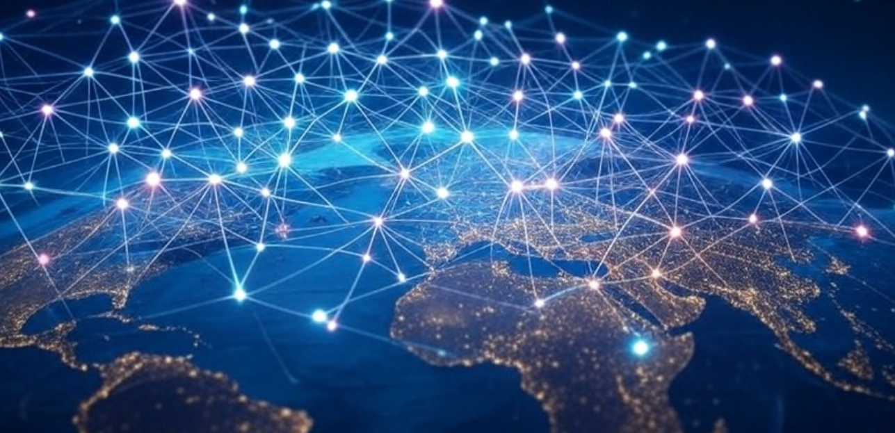 地球全体を覆うように広がるブロックチェーンネットワークの可視化、夜の都市の光と繋がるノードが示す非中央集権的な仮想通貨のイメージ