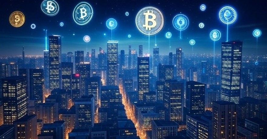 未来的な都市の上空に、ビットコインやイーサリアム、ドルなどのアイコンが並んで浮かんでいる。デジタル通貨を巡る世界的な競争をイメージしたイラスト。