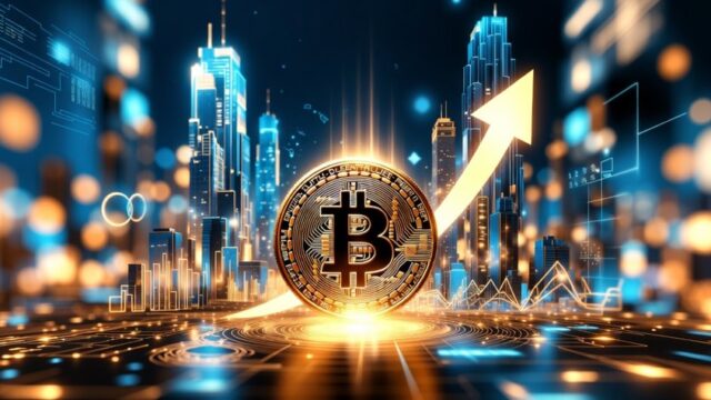 都市の夜景を背景に、中央のビットコインが上向きの矢印とともに輝いているデジタルアート。ビットコイン価格の上昇や強気相場を象徴している。