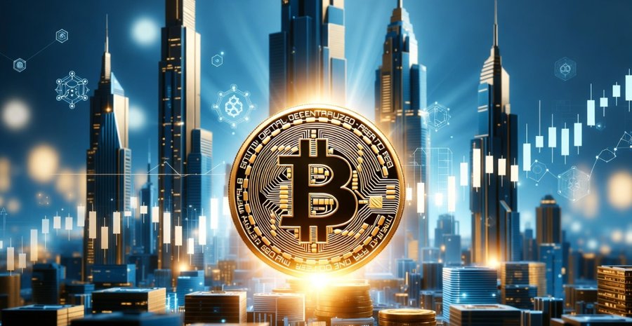 未来的な都市の光景の中で輝くビットコインのコイン。ブロックチェーン技術の進化と仮想通貨市場の拡大をイメージしたビジュアル。